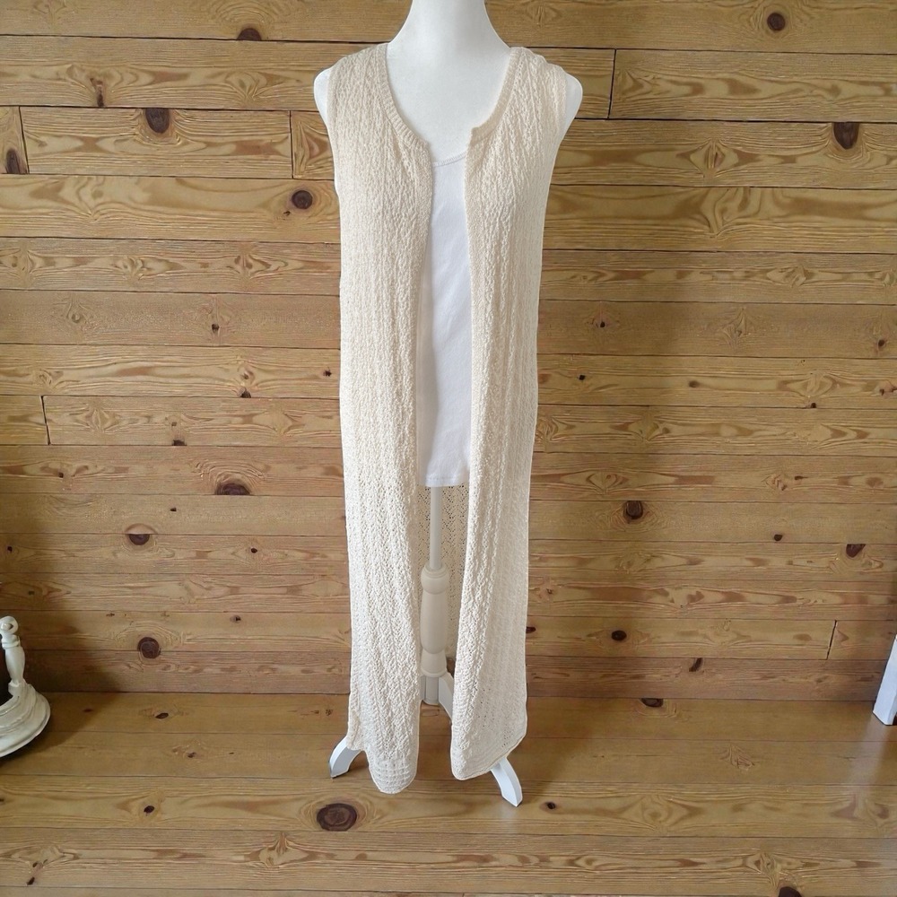 Sadie & Sage Crochet Open Cardigan Vest Duster Size M Beige Cottage Boho Prairie